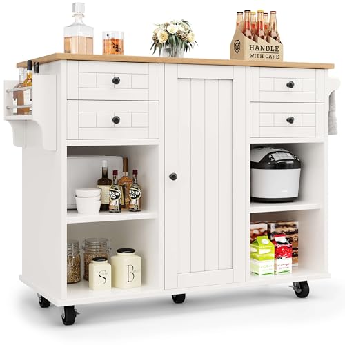 Mounteps Kücheninsel Essschrank mit Holzmaserung Esswagen，Küchenschrank mit Multifunktionalem Stauraum und Herausnehmbaren Trennwänden, 127×46×91,5cm(Weiß) von Mounteps
