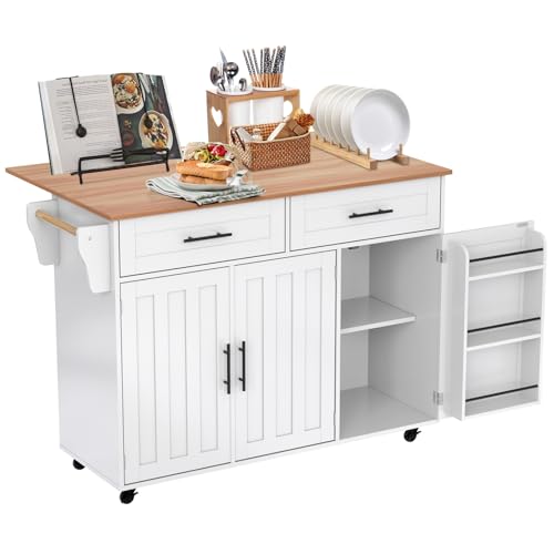 Mounteps Kücheninsel Freistehend mit Klappbarer Arbeitsplatte Küchenschrank Küchenwagen auf 5 Rollen, mit Ablage und 2 Schubladen, Für Esszimmer 129 * 71 * 91.5cm(Weiß) von Mounteps