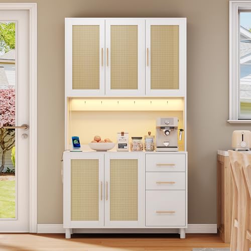 Mounteps Küchenschrank mit Arbeitsplatte, Buffetschrank mit LED, Steckdose und USB, Sideboard mit Schubladen, Verstellbaren Ablagen, Großer Stauraum, 100x40x183 cm(Stil 03/Weiß) von Mounteps