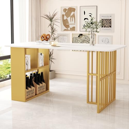 Mounteps Rechteckiger Esszimmertisch 156x78x78 cm Esstisch für 4-6 Personen Kaffee-Freizeittisch mit Ablagefach für Büro Küchen Esstische Weiß+Gold von Mounteps