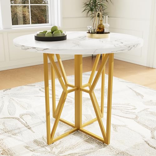 Mounteps Runder Esstisch (80x80x76cm), Leichter und luxuriöser runder Tisch für 4-6 Personen, geeignet für Esszimmer und Wohnzimmer, goldene Beine, marmorierte Tischplatte aus MDF von Mounteps