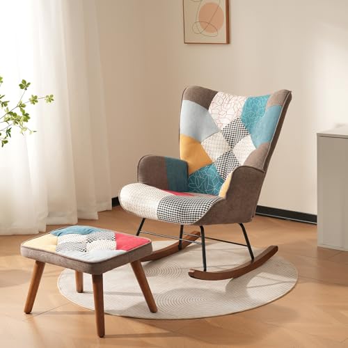 Mounteps Schaukelstuhl Schwingsessel mit Hocker und Armlehnen, Schaukelsessel Relaxsessel Polstersessel mit Holzsockel, Relaxstuhl für Wohnzimmer, Schlafzimmer, Bis 90 Kg Belastbar, Bunt von Mounteps