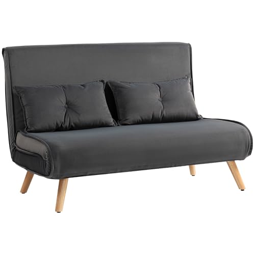 Mounteps Schlafsofa 3 in 1 2 Sitzer Sofa mit Schlaffunktion, 190 x 120 cm Klappbar Couch Schlafcouch mit 5-stufig Verstellbarer Rückenlehne, Lendenkissen und Samtoptik für Wohnzimmer, Dunkelgrau von Mounteps