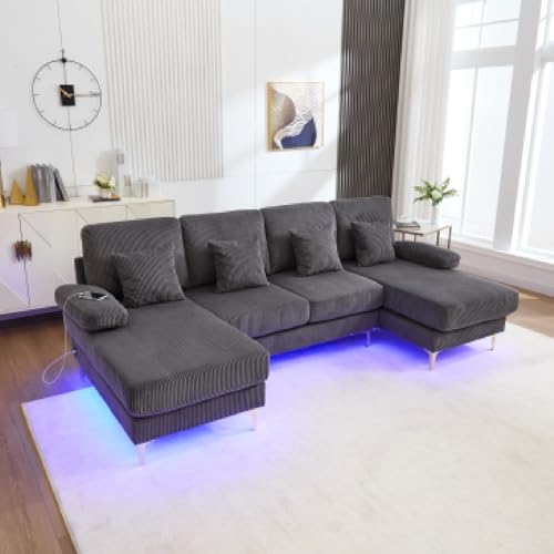 Mounteps Sofa mit Schlaffunktion, U-Form Wohnlandschaft Eckcouch mit Abnehmbarem Bezug mit LED Ambientebeleuchtung & der USB-C, Ecksofa für Wohnzimmer & Schlafzimmer (BxTxH) 265x135x88cm(Grau) von Mounteps