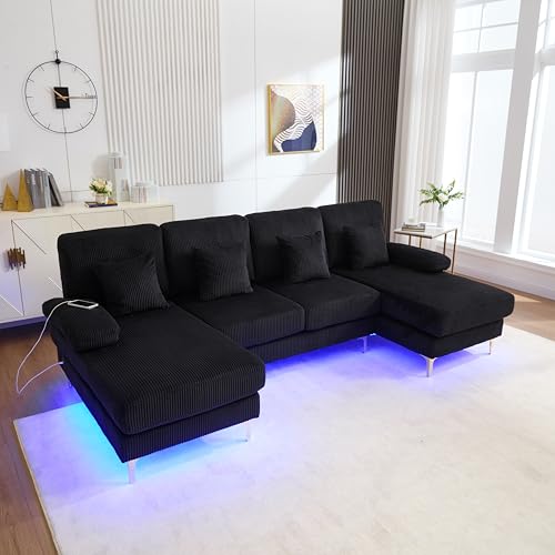 Mounteps Sofa mit Schlaffunktion, U-Form Wohnlandschaft Eckcouch mit Abnehmbarem Bezug mit LED Ambientebeleuchtung & der USB-C, Ecksofa für Wohnzimmer & Schlafzimmer (BxTxH) 265x135x88cm(Schwarz) von Mounteps