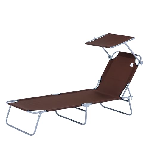 Mounteps Sonnenliege klappbar Gartenliege mit Dach, Liegestuhl mit 4-Fach verstellbare Rückenlehne, wetterfeste Campingliege bis 120 kg belastbar, für Garten Strand Pool, Braun von Mounteps