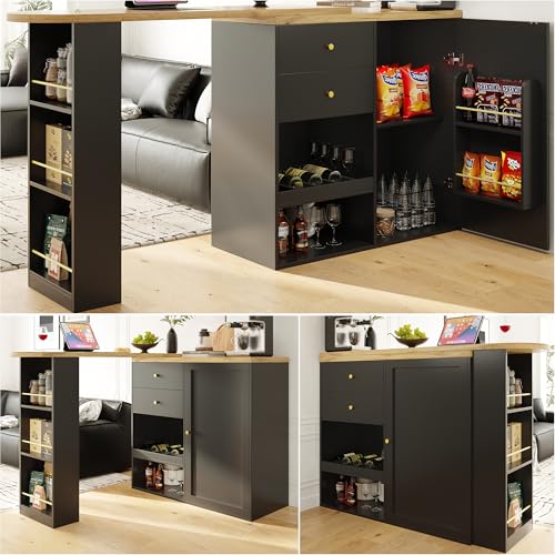 Mounteps Um 360° drehbare Essbar (138cm – 105x39 x102 cm), mit 2 Schubladen und Schiebetürschrank, 3 Ebenen offener Stauraum, geeignet für Esszimmer/Arbeitszimmer/Wohnzimmer usw von Mounteps