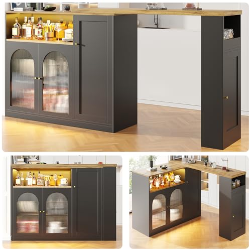 Mounteps Um 360° drehbarer Bartisch (Hauptkörper: 198 x 39,6 x 97 cm), Mattschwarzer Schrank mit Schreibtisch in Holzmaserung, mit Changhong-Glasschranktür und LED-Licht, Sideboard von Mounteps