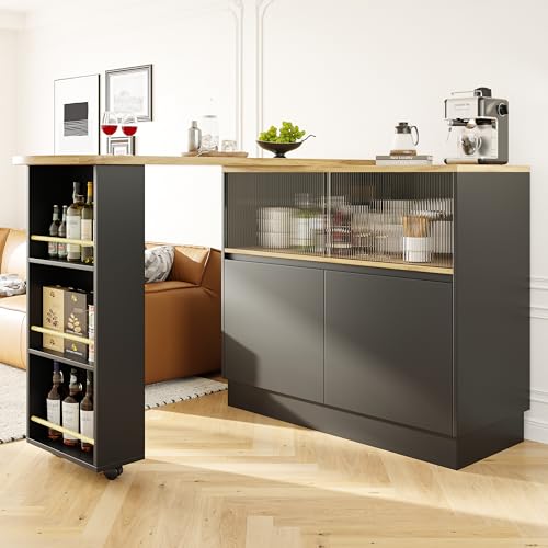 Mounteps Um 360° drehbarer Stehtisch (Hauptkörper 90 x 45 x 100 cm), multifunktionales drehbares Sideboard mit Ablagefach, Glasschiebetür, geeignet für Küche/Esszimmer (Schwarz) von Mounteps