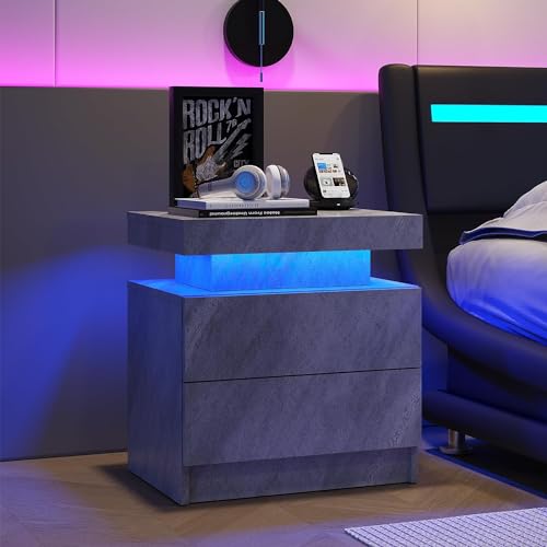 Nightstand LED Bedside Table Cabinet Lights Modern End Side with 2 Drawers for Bedroom(Dunkelgrau) von Mounteps