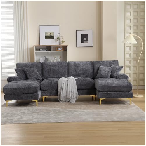 Sektionalsofa in U-Form, modernes Schlafsofa, 4-Sitzer, gepolstertes Möbelstück, modernes Design, Chenille-Stoff(Grau) von Mounteps
