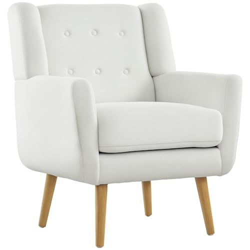 Sessel Wohnzimmer Ohrensessel Gepolstert Getuftet Loungesessel Relaxsessel mit Teddy-Fleece-Optik, Holzbeine, Polstersessel für Schlafzimmer, Weiß von Mounteps
