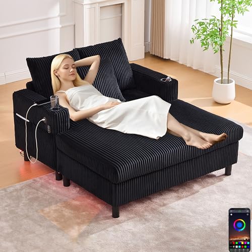 Sofa Chaiselongue mit Schlaffunktion, Polstermöbel Loungesessel mit USB und LED, Wohnzimmer Möbel mit seitlichen Getränkehaltern, Schlafsofa für Wohnzimmer Schlafzimmer Villa(Black+1 Seat) von Mounteps