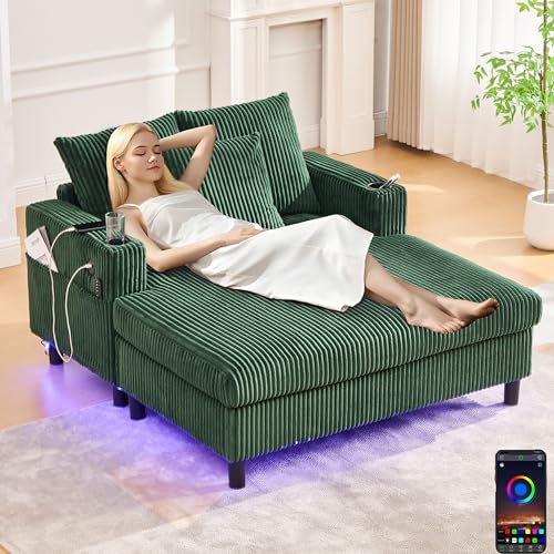 Sofa Chaiselongue mit Schlaffunktion, Polstermöbel Loungesessel mit USB und LED, Wohnzimmer Möbel mit seitlichen Getränkehaltern, Schlafsofa für Wohnzimmer Schlafzimmer Villa, Smaragd von Mounteps
