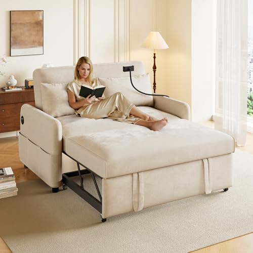 Sofa mit Schlaffunktion, Sofa 2 Sitzer Modernes Doppel Klappbares, Multifunktionssofa mit Verstellbare Rückenlehne und Handyhalter und USB Ladeanschluss, Wohnzimmer Möbel Beige Sofa mit Schlaffunktion, Sofa 2 Sitzer Modernes Doppel Klappbares, Multifunktionssofa mit Verstellbare Rückenlehne und Handyhalter und USB Ladeanschluss, Wohnzimmer Möbel Beige von Mounteps
