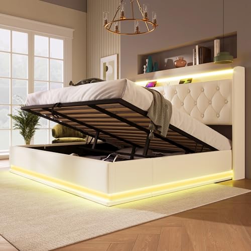 Stauraumbett Funktionsbetten mit 360-Grad-Surround-LED-Beleuchtung, LED Kopfteil mit USB Typ-C Ladefunktion, Doppelbet mit Stauraum und Lattenrost, Leinen(Weiß Ohne Matratze,180x200 cm) von Mounteps