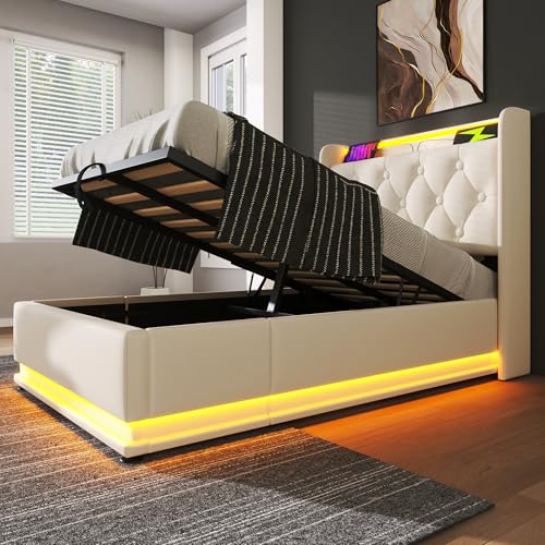 Stauraumbett Funktionsbetten mit 360-Grad-Surround-LED-Beleuchtung, LED Kopfteil mit USB Typ-C Ladefunktion, Doppelbet mit Stauraum und Lattenrost, Leinen(Weiß Ohne Matratze,90x200 cm) von Mounteps