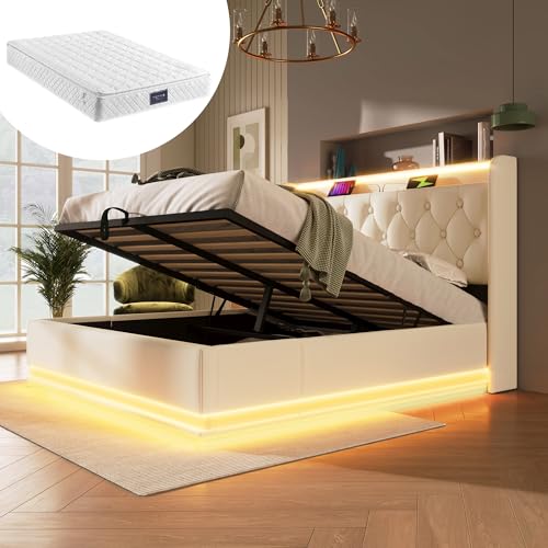 Stauraumbett Funktionsbetten mit 360-Grad-Surround-LED-Beleuchtung, LED Kopfteil mit USB Typ-C Ladefunktion, Doppelbet mit Stauraum und Lattenrost, Leinen(Weiß mit Matratze,140x200 cm) von Mounteps