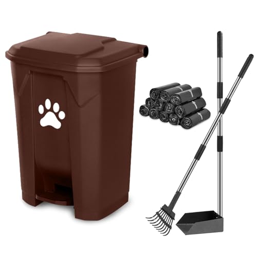 B-15-BR-RB180-CZ Hundekot-Abfallbehälter für den Außenbereich, Haustierabfallstation mit Deckel, freihändiges Pedal, langlebiger PVC-Behälter, Garten, Haus, Hof mit Hundekotschale und Rechen, 180 von Mounting UP