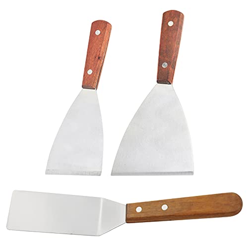 Mousyee Grillspachtel Edelstahl, Grillspachtel Edelstahl Holzgriff Teppanyaki-Spatel mit Holzgriff Grillspatel aus Edelstahl Kochwender und Schaber Flachspatel für Grillküche, 3 Stücke von Mousyee