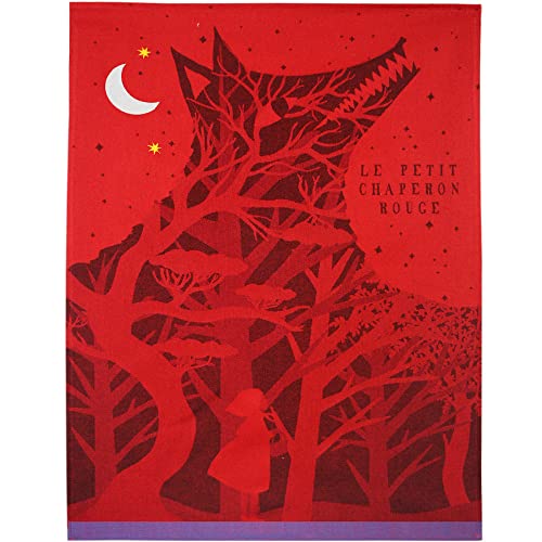 Moutet Torchon limitiertes Motiv Le Petit Chaperon Rouge (Rotkäppchen) mit Silber gesticktem Mond und gelben Sternen, Küchenhandtuch Geschirrtuch Handtuch, hochwertige Baumwolle in Frankreich gewebt von Moutet