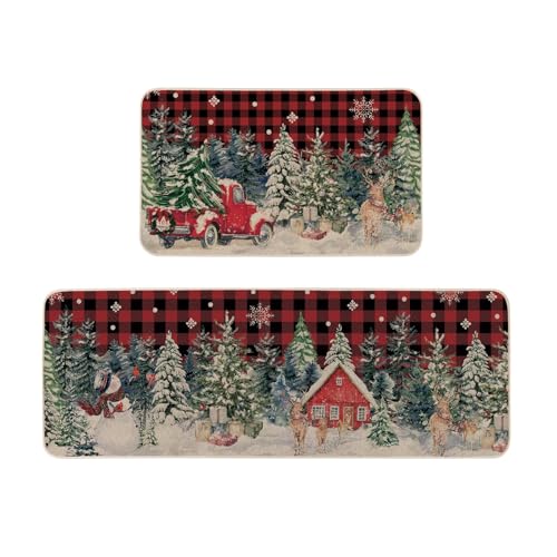 Moutina Buffalo Plaid Red Truck Pine Tree Christmas Kitchen Rugs Set of 2, Snowman Rentier Winter Farmhouse Xmas Home Decor Low-Profile Kitchen Mats for Floor - 17x29 and 17x47 Inch von Moutina