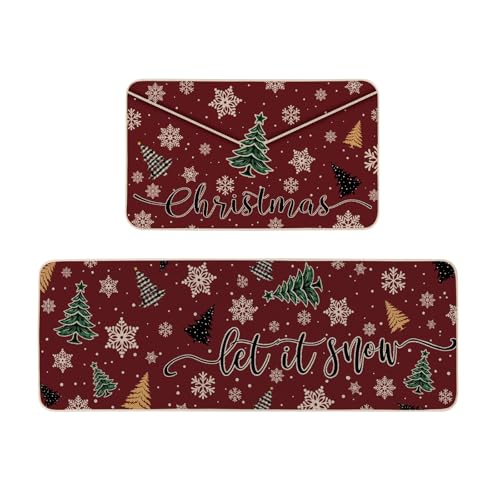 Moutina Let It Snow Kuvert Weihnachtsteppich-Set, 2er-Set, Winter-Weihnachtsbaum, Heimdekoration, flache Küchenmatten für den Boden, 43,2 x 73,2 cm und 43,2 x 119,2 cm von Moutina