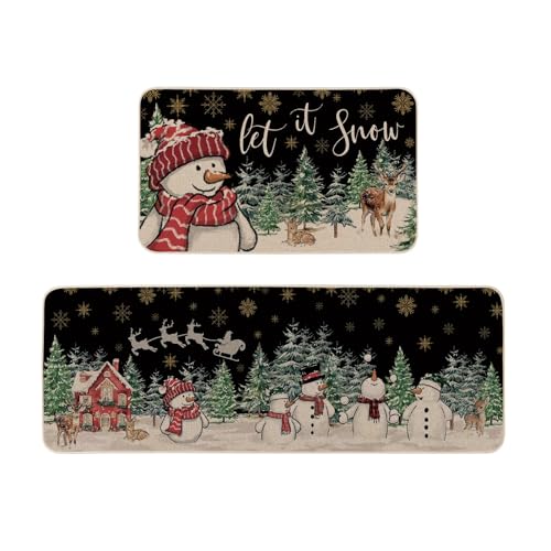 Moutina Let It Snow Schneemann Rentier dekorativer Küchenteppich, 2er-Set, Winter, Weihnachten, Urlaub, Heimdekoration, flache Küchenmatten für den Boden, 43,2 x 73,2 cm und 43,2 x 119,2 cm von Moutina