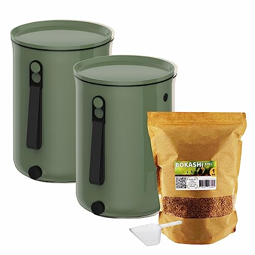 Moutta | 2er-Set Eimer Bokashi Organko 2 Olive (9,6L) | Organischer Komposter mit Verdichter + 1 kg EM-1 Fermentationsaktivator von Moutta