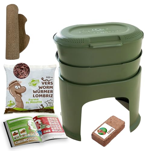 Moutta | Magic Worm Olivgrün | Wurmkomposter für die Küche 2 Schalen | 250 gr Kompostwürmer / 500 STK. | Komplett-Set von Moutta