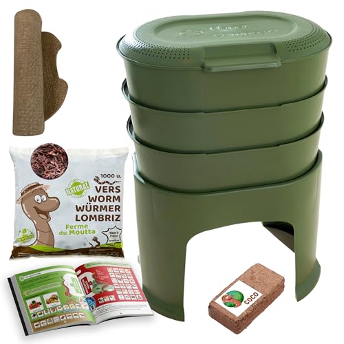 Moutta | Magic Worm Olivgrün | Wurmkomposter für die Küche 3 Schalen | 500 gr Kompostwürmer / 1000 STK. | Komplett-Set von Moutta