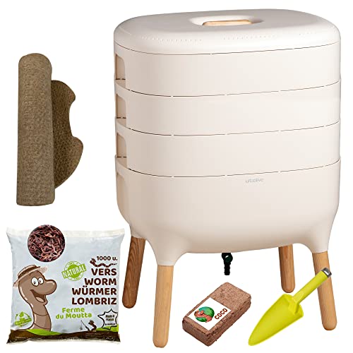 Moutta | Urbalive 3 Schalen Elfenbein, Komplettset I Design Wurmkomposter I 500g Kompostwürmer / 1000 STK. I Startersubstrat I Hanfmatte + Schaufel I Innenraum, Balkon und Garten von Moutta