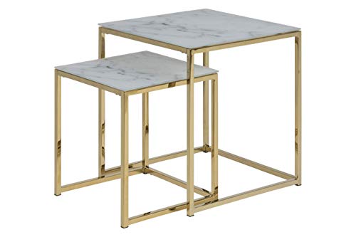 AC Design Furniture Antje Quadratischer Tischsatz in Marmoroptik Weiß/Gold, Glas/Metall, Set mit 2 Tischen, B: 45 x H: 50 x T: 45 cm von AC Design Furniture