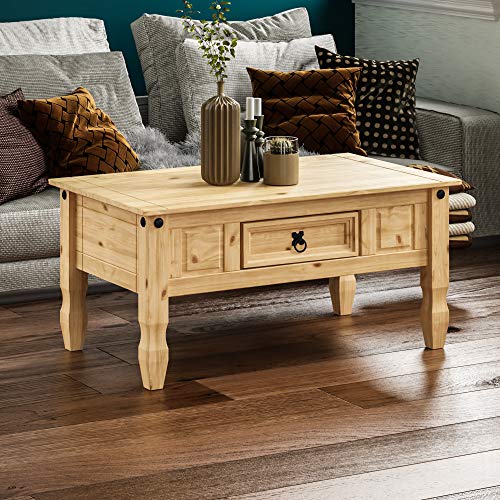 Amazon Basics Rechteckig TBC Corona Couchtisch mit Schublade, Distressed Waxed Pine, 56 x 94 x 45 cm, Massivholz, Kiefer (Früher Movian) von Amazon Basics