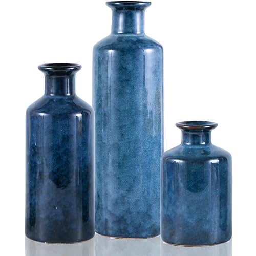 Mowtanco Keramikvasen, blau, reaktiv glasierte Vasen für Blumen, moderne Wohnkultur, rustikale Bauernhaus-Dekor, für Kaminsims, Bücherregal, Tafelaufsätze, Eingangsbereich - 3 kleine Vasen von Mowtanco