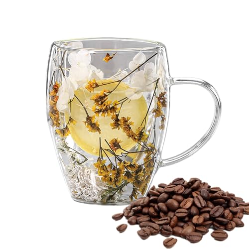 Getrocknete Blumen Glastasse, 350 Ml Doppelwandige Glaskaffeetassen Mit Getrockneten Blumen, Isolierte Tassen Mit Verbrühungsfestem Griff, Kaffeetasse Für Heiße Oder Kalte Getränke von Moxeupon