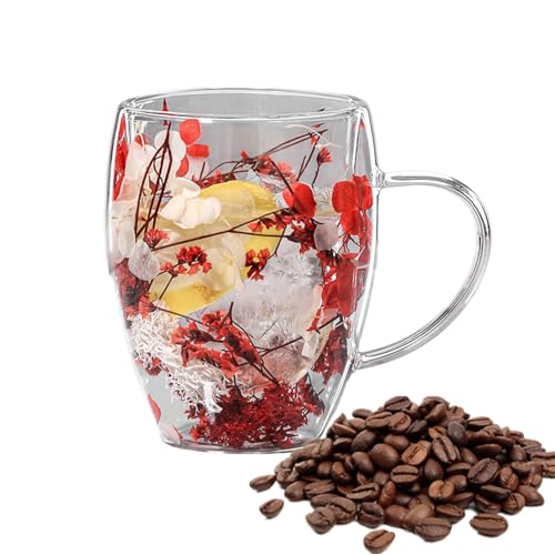 Moxeupon Getrocknete Blumen Glastasse, 350 Ml Doppelwandige Glaskaffeetassen Mit Getrockneten Blumen, Isolierte Tassen Mit Verbrühungsfestem Griff, Kaffeetasse Für Heiße Oder Kalte Getränke von Moxeupon