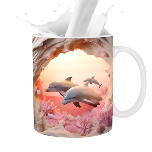 Moxeupon 3D-Delphin-Tasse - 3D flach bemalte niedliche Tassen Keramik-Kaffeetassen - Neuartiges Delfin-Dekor, 325 ml, für Kaffee-Milch-Tee-Liebhaber, Keramikbecher für Damen und Herren von Moxeupon