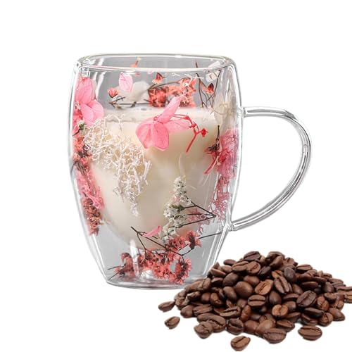 Moxeupon Getrocknete Blumen Glastasse, 350 Ml Doppelwandige Glaskaffeetassen Mit Getrockneten Blumen, Isolierte Tassen Mit Verbrühungsfestem Griff, Kaffeetasse Für Heiße Oder Kalte Getränke von Moxeupon