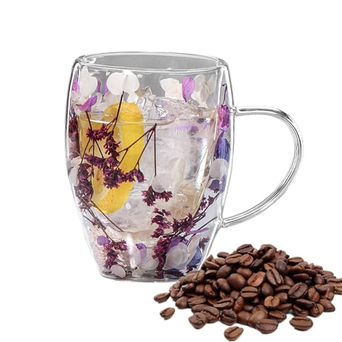 Moxeupon Getrocknete Blumen Glastasse, 350 Ml Doppelwandige Glaskaffeetassen Mit Getrockneten Blumen, Isolierte Tassen Mit Verbrühungsfestem Griff, Kaffeetasse Für Heiße Oder Kalte Getränke von Moxeupon