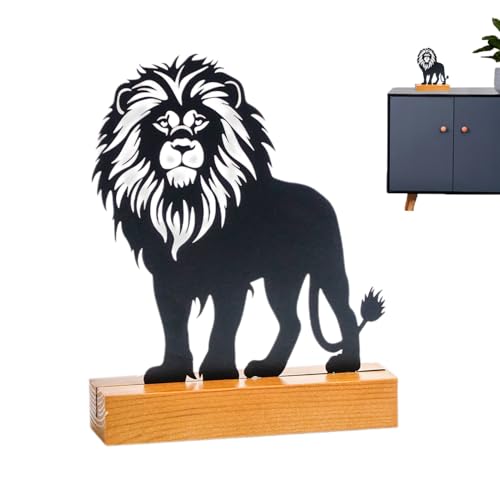 Moxeupon Löwen Figur,Löwen Deko Für Schreibtisch - Moderne Kunst Tierfigur, Sammelbare Metallfigur Mit Holzständer Für Wohnzimmer Arbeitszimmer Schlafzimmer Schreibtisch von Moxeupon