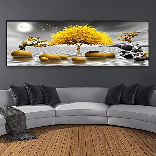 DIY 5D Diamant Malerei Vollbohrer Kit, Goldener Baum 60x120cm Runder Diamond Painting Bilder Set Diamant Malen nach Zahlen Stickerei Kristall Strass Kreuzstich Handwerk Wohnzimmer Wanddekoration von Moxiaa