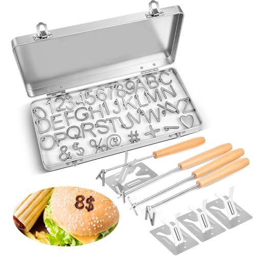 Moxweyeni 44 Stück Mini Brandeisen Kit A-Z Alphabet 0-9 Zahlen 8 Symbole Brandeisen für Holzbearbeitung DIY Lederhut Handwerk Steak Brot Logo mit 4 Griffen, 3 Metallhalter und Metall-Aufbewahrungsbox von Moxweyeni