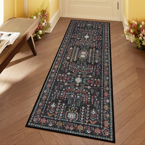 Moynesa Boho-Teppich für Flur, waschbar, Blumenmuster, 5 x 15 cm, rutschfest, traditioneller Flurläufer, niedriger Flor, weich, orientalisch, 1,8 m, für Schlafzimmer, Eingangsbereich, Schwarz Moynesa Boho-Teppich für Flur, waschbar, Blumenmuster, 5 x 15 cm, rutschfest, traditioneller Flurläufer, niedriger Flor, weich, orientalisch, 1,8 m, für Schlafzimmer, Eingangsbereich, Schwarz von Moynesa