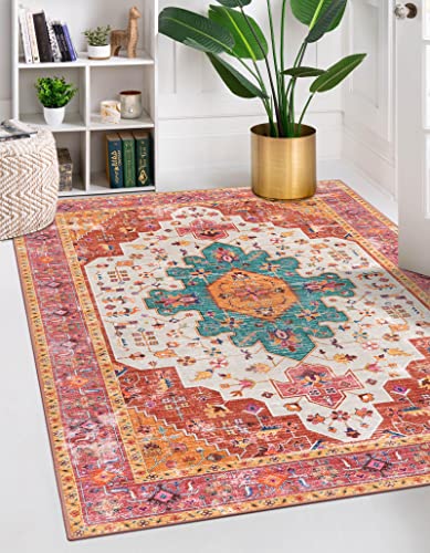 Moynesa Ultradünner, waschbarer Vintage-Teppich – 12.7x17.8 cm, großer Schlafzimmerteppich, persisch, rutschfest, fusselfrei, Wohnzimmermatte, orientalisches Medaillon, Büro, Rosa/Blaugrün/mehrfarbig Moynesa Ultradünner, waschbarer Vintage-Teppich – 12.7x17.8 cm, großer Schlafzimmerteppich, persisch, rutschfest, fusselfrei, Wohnzimmermatte, orientalisches Medaillon, Büro, Rosa/Blaugrün/mehrfarbig von Moynesa