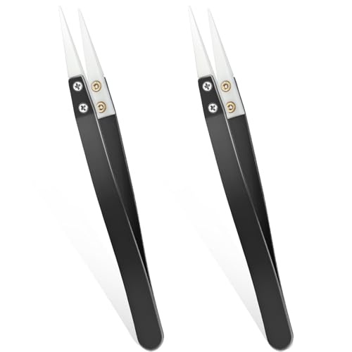Keramik-Pinzette, Edelstahl, Keramik, Präzisionspinzette für Elektronik, nicht leitend, antistatisch, hochtemperaturbeständig, feine Spitze, Pinzette für präzisen, elektrischen Betrieb, Schwarz, 2 von Mozeat Lens