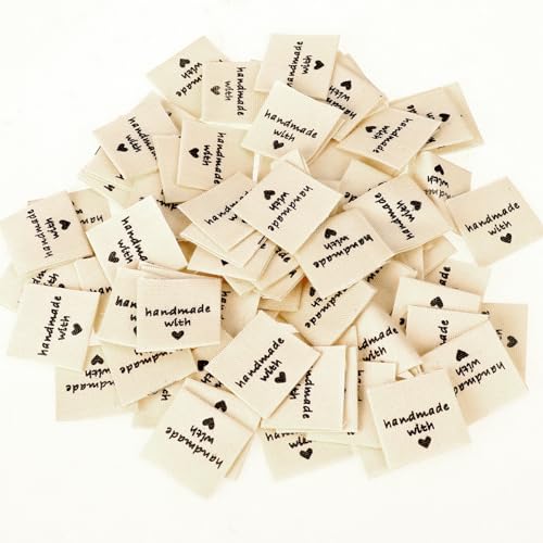Mozeat Lens 100 Stück Stoffetiketten Handmade Label zum Annähen Beige Handarbeit Etiketten Tags Textiletiketten Kleideretiketten Handmade with Love DIY Näharbeit Deko für Schals Dekor Hut von Mozeat Lens