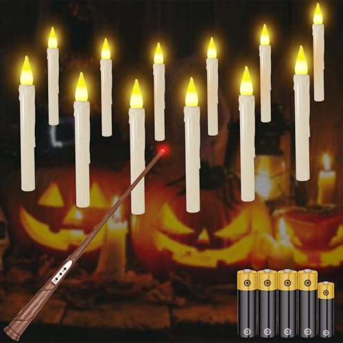 Schwebende Kerzen mit Zauberstab, Schwebende LED Flammenlose Kerzen, Batterien Floating Candles, Warmes Licht Flackernde Hängende Kerzen für Halloween- und Weihnachtsdeko Party (12PC mit Batterien) von MozkeTo19