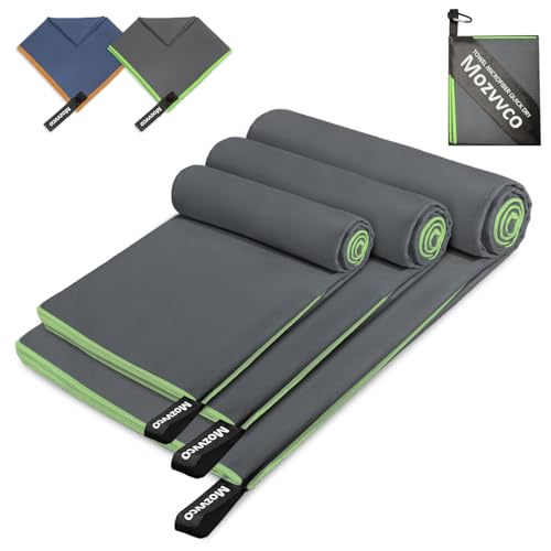 Mozvvco 3 Mikrofaser Handtuch,180x80cm Großes Badetuch Mikrofaser+100x50cm Schnelltrocknendes Sporthandtuch+80x40cm Strandtuch Handtücher, Reisehandtuch für Schwimmen Fitness Wandern(Dunkelgrau+Grün) von Mozvvco