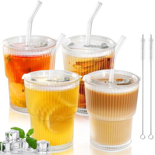 Mozvvco 400 ML Gläserbecher mit Deckel und Strohhalm, Smoothie Becher aus Glas, Kaffeegläser Cappuccino Tassen, Glas Teegläser mit Trinkhalm, Luftdicht Wasserdicht Trinkgläser, 4 Stück von Mozvvco
